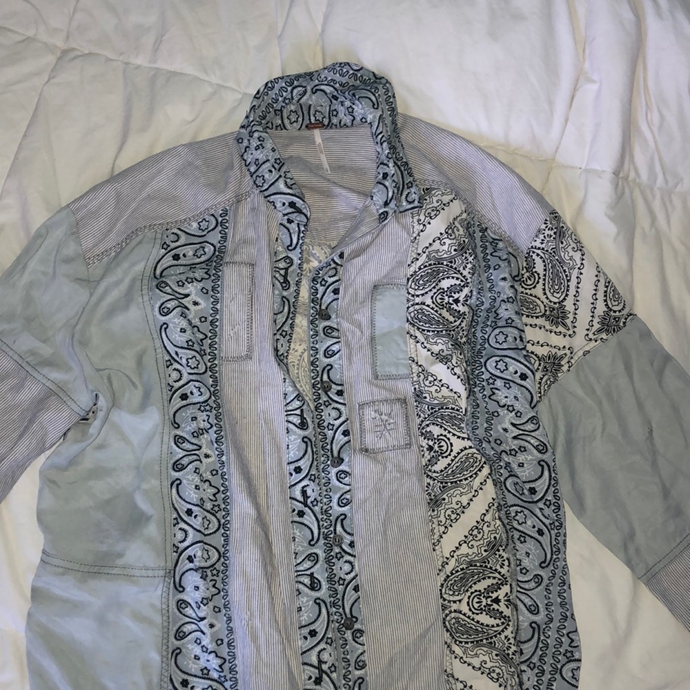 Button Up Free People Shirt- light blue paisley